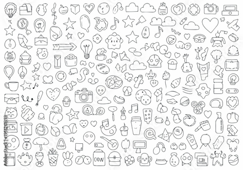 Extensive collection of simple hand-drawn doodle line art icons, perfect for diverse creative concepts. Features popular symbols and everyday objects for modern digital projects
