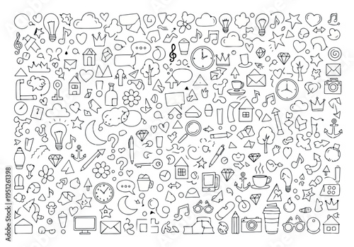 Hand-drawn doodle icons illustrating modern concepts technology, nature, communication, and abstract ideas. Versatile for graphic design