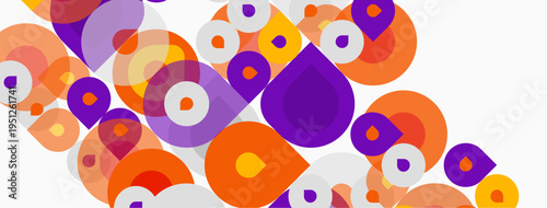 Abstract circles, orange, purple, white overlap creating dynamic pattern. Simple shapes, modern design, playful composition.