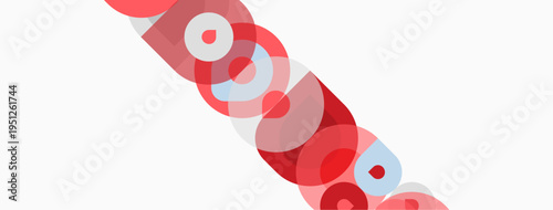 Abstract design features overlapping red circles, varying opacity. Minimalist composition, white background creates clean aesthetic. Simple shapes suggest movement.