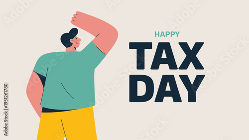 Happy Tax Day text with confused person scratching head