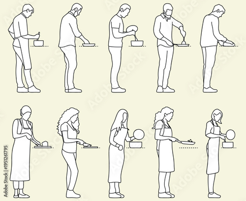 Tableau sur toile men and women cooking side view, standing pose, people, chef, customizable strok