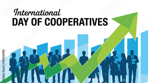 International Day of Cooperatives illustration with a larger business team and a rising growth chart