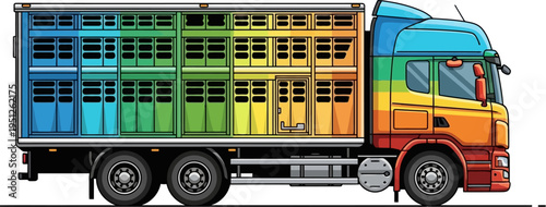 Colorful livestock transport truck moving farm animals