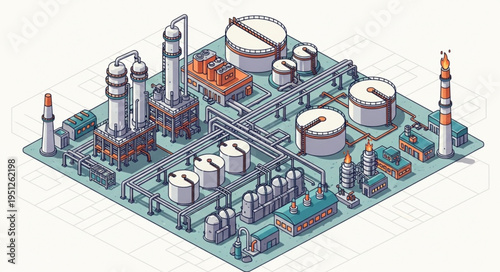 Isometric View of Industrial Complex with Tanks and Towers.