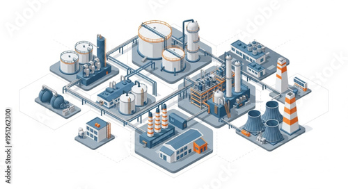 Isometric Oil Refinery Complex - A Detailed Industrial Illustration.