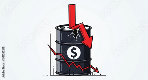 Oil Price Decline - Barrel with Downward Arrow Illustration.