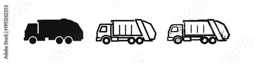 Waste Compactor Truck Icon Set. Refuse Collection Vehicle in Solid, Outline, and Hand-Drawn Styles.