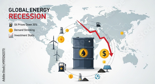 Global Energy Recession Concept with Oil Barrel and Falling Arrow.