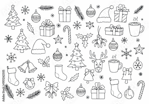 A delightful collection of hand-drawn festive holiday elements, perfect for creating joyful seasonal designs and decorations for a charming celebration