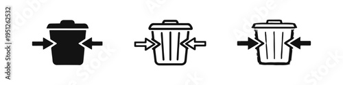 Waste Reduction Trash Can Icon Set. Garbage Bin with Side Arrows for Compaction in Solid, Outline, and Hand-Drawn Styles.