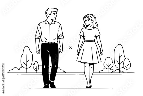 Early Stage Courtship Walk in the Park Couple Talking Getting to Know Each Other Black Vector Silhouette