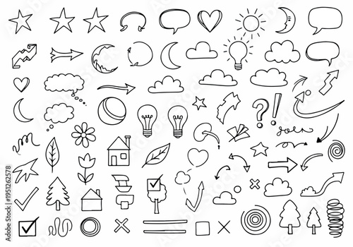 Diverse Hand-Drawn Doodle Icons Collection for Creative Design Projects - Artistic Sketch Elements and Annotation Symbols for Digital and Print Media