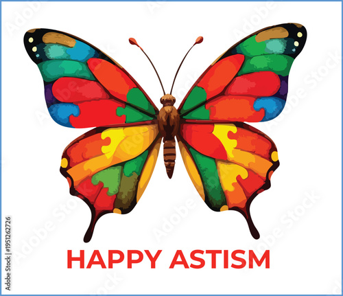 Colorful butterfly with puzzle piece pattern wings, symbol of autism awareness