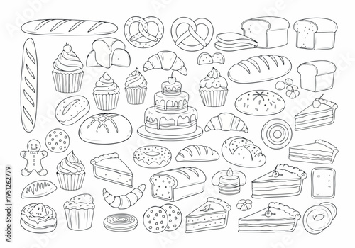 Hand-drawn line art illustration showcasing a delightful variety of freshly baked goods, including artisan bread, sweet pastries, cakes, cupcakes, and cookies, perfect for bakery and dessert concepts