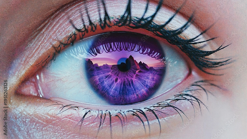 Fototapeta premium Macro human eye with violet iris reflecting mountain landscape surreal vision concept