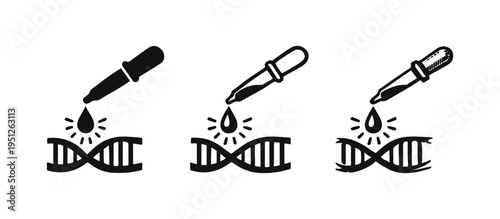 Pipette dropping liquid on DNA icon set. Genetic testing and research concept illustration.