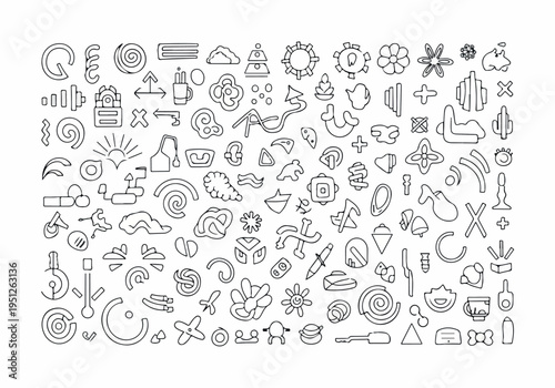 Comprehensive collection of diverse abstract line art elements and hand-drawn vector symbols, perfect for contemporary graphic design projects and unique visual content creation