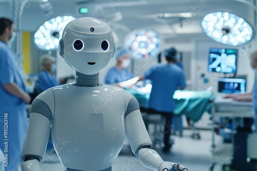 Futuristic robot assists in high-tech surgical room during advanced medical procedure