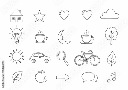 Diverse set of simple line icons featuring a wide array of everyday objects and abstract concepts, perfect for modern graphic design, user interfaces, and digital media projects