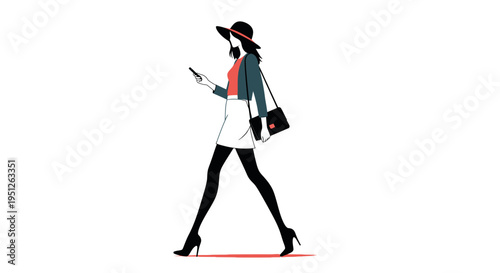 Stylish woman walking and looking at her smartphone, carrying a handbag, wearing a hat, blazer, and skirt, isolated white background.