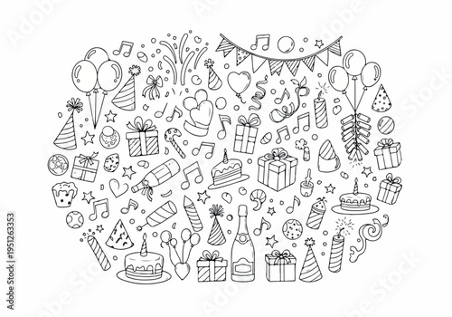 Festive hand-drawn doodle collection of party and celebration essentials, featuring cakes, balloons, gifts, musical notes, and confetti, ideal for joyful events