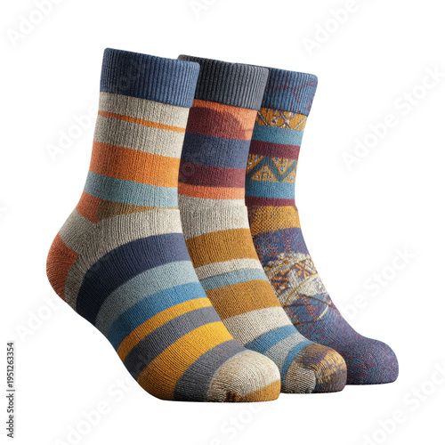 Pair of Multicolored Striped Hand Knitted Wool Socks with Geometric Pattern on Side handknitted