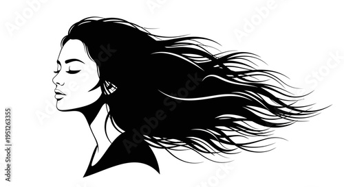 Beautiful woman's profile with long black wavy hair dramatically flowing in the wind, isolated white background.