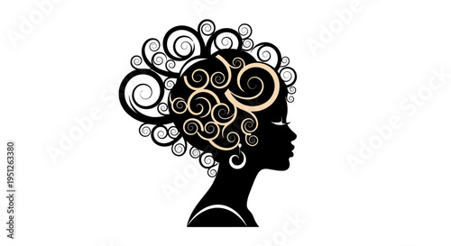 Creative woman's silhouette with an elaborate curly hairstyle adorned with golden accents, side profile, isolated white background.