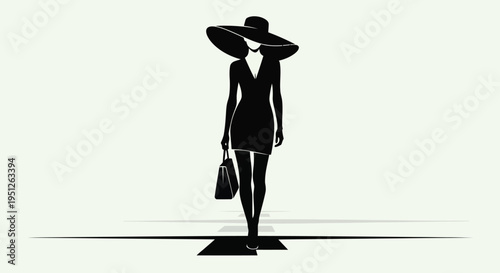 Fashionable woman's silhouette walking with a handbag, wearing a wide-brimmed hat and elegant dress, in a bright studio.