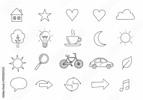 Diverse Collection of Minimalist Black Outline Icons Representing Everyday Objects and Abstract Concepts – A Versatile Set of Graphic Symbols for Design Projects and Digital Interfaces
