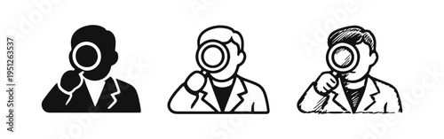 Investigator with magnifying glass icon set. Research and analysis concept for science and detective work.