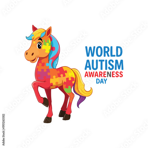 Cartoon horse illustration with colorful puzzle pattern for world autism awareness day