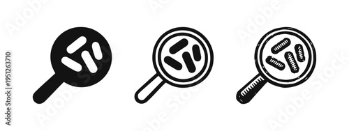 Magnifying glass observing bacteria icon set. Microbiology and infection detection.
