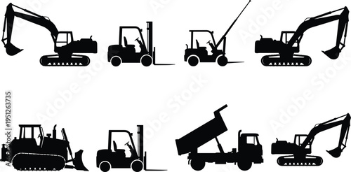 Black silhouette collection of heavy construction machinery including excavators forklifts bulldozer and dump truck icons isolated on white background for industrial design projects