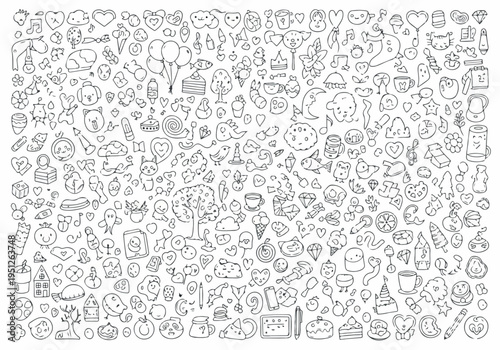 Diverse Collection of Whimsical Hand-Drawn Line Art Doodles with Everyday Objects and Cute Symbols