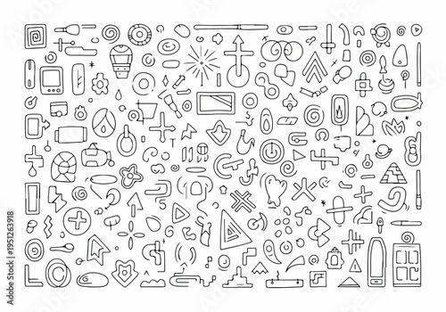 A diverse and whimsical collection of hand-drawn abstract doodles and line art symbols, perfect for creative design projects and unique graphic backgrounds