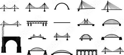 Black Vector Bridge Icon Set Featuring Suspension Cable Stayed Arch Truss and Beam Engineering Designs for Infrastructure Urban Planning Transport and Civil Engineering Graphics