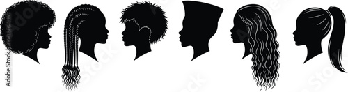 Black Women Profile Silhouette Vector Set Featuring Diverse Natural Hairstyles Including Afro Braids Cornrows Fade Flat Top Long Wavy Hair and High Ponytail Illustration