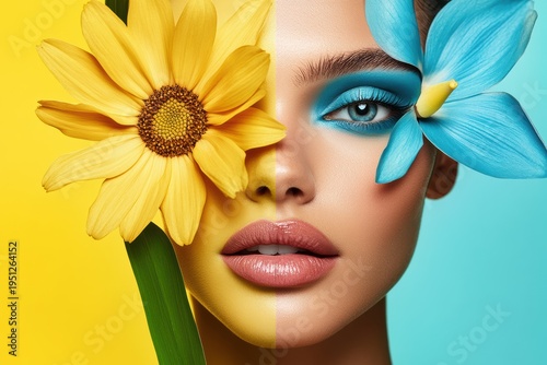 Bold lifestyle portrait featuring beauty and fashion elements with floral accents and color contrast