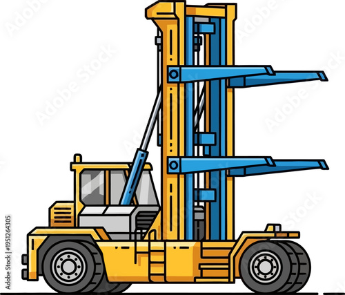 Reach stacker vehicle lifting heavy shipping container