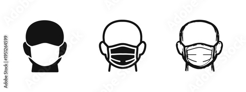 Icon set of person wearing pleated medical mask, face covering symbol, black silhouette, outline and hand drawn sketch styles.