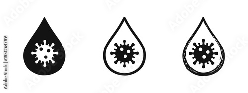 Icon set of blood drop with coronavirus, virus detection or infection symbol, black silhouette, outline and hand drawn sketch styles.