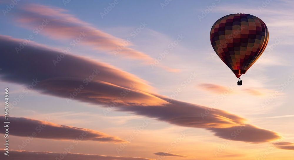 Obraz premium Vibrant hot air balloon with checkered pattern flies against a colorful sunset sky with elongated clouds, representing adventure and freedom