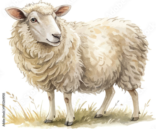 Watercolor Sheep Illustration, Fluffy Farm Animal Clipart, isolated on white background
