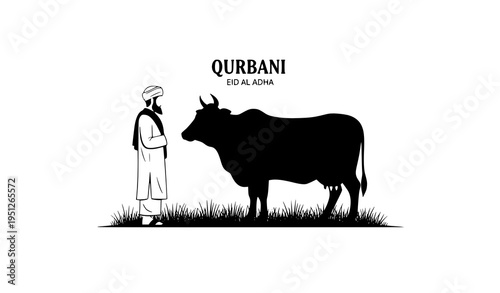 Islamic Eid al Adha Qurbani scene with man and cow vector illustration