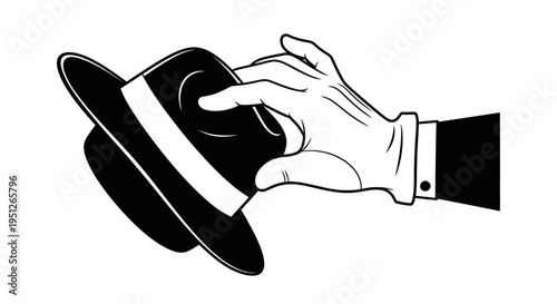 Cartoon Hand Tipping Fedora Hat as a Gesture of Greeting on Isolated Gray Background