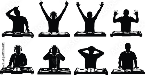 DJ silhouette set performing music, disc jockey mixing tracks, nightclub party vibe, electronic dance scene, audio entertainment illustration concept