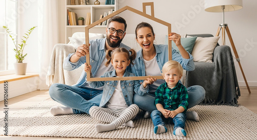 A family of four sits on the floor holding a house frame in a cozy living room interior with a warm atmosphere and soft lighting.