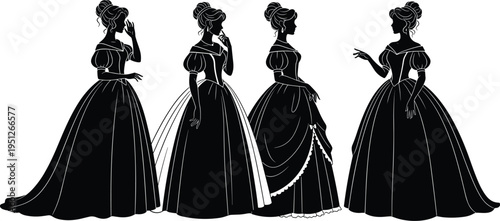 Victorian women silhouette set in elegant dresses, vintage fashion style, historical clothing, classic female poses, retro aristocratic illustration concept
